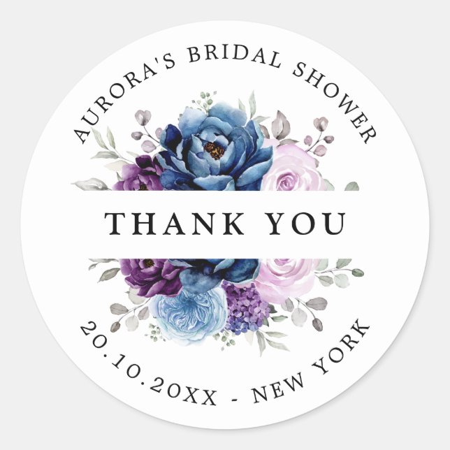 Sticker Rond Douche nuptiale Dusty Blue Purple Navy Merci (Devant)