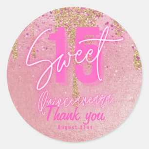 Sticker Rond Doux 15 Parties scintillant rose huile Quinceanera