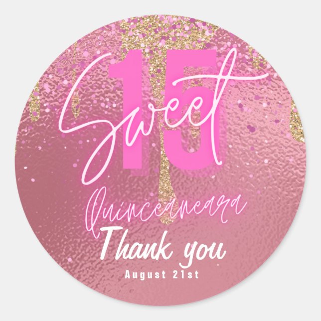 Sticker Rond Doux 15 Parties scintillant rose huile Quinceanera (Devant)