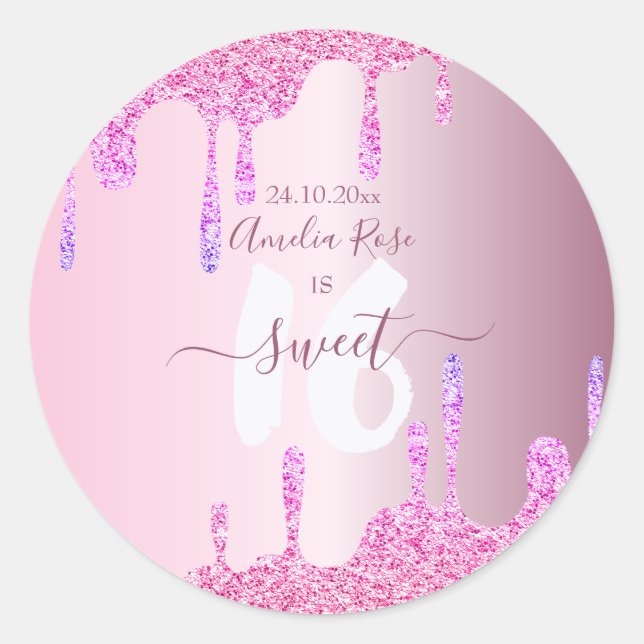 Sticker Rond Doux 16 Parties scintillant gouttes rose métal Ann (Devant)