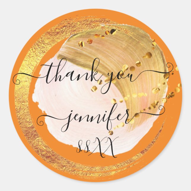 Sticker Rond Doux 16e Remerciement Date Mariage Orange Or   (Devant)