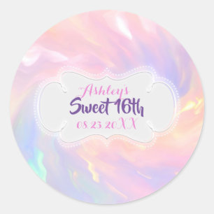 Sticker Rond Doux 16ème nom holographique rose date Quinceañera