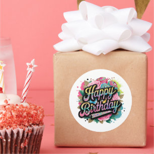 Sticker Rond Doux Joyeux Anniversaire lettrage dames 