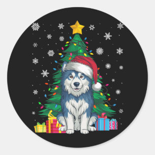 Sticker Rond Doux moche Xmas Arbre Lumières Alaskan Malamute Ch