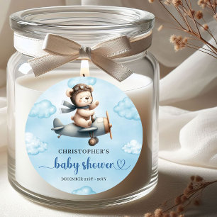Sticker Rond Doux ours en peluche pilote Bleu Marron Garçon Bab