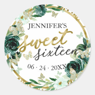 Sticker Rond Douze ans, papillon floral vert émeraude