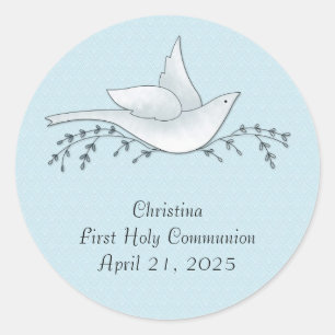 Sticker Rond Dove avec Branches, Bleu, Première Communion