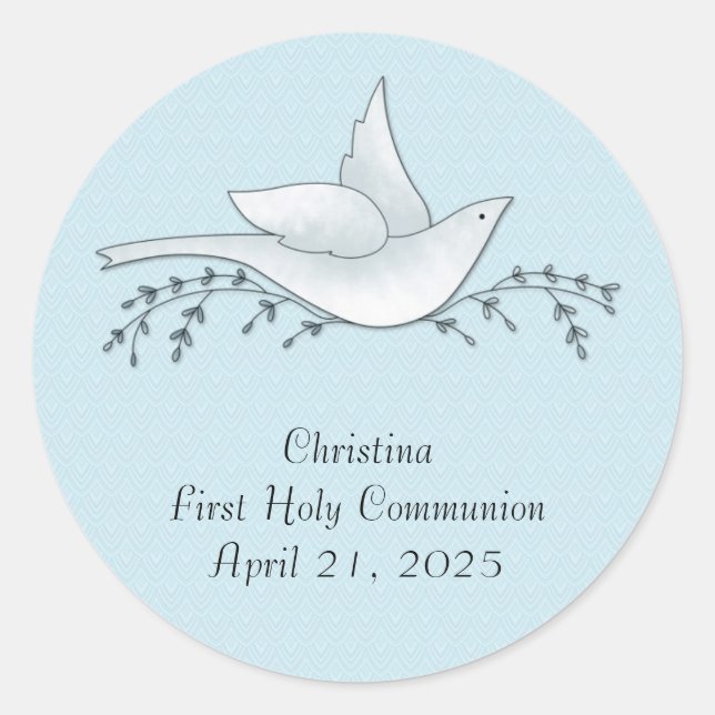 Sticker Rond Dove avec Branches, Bleu, Première Communion (Devant)