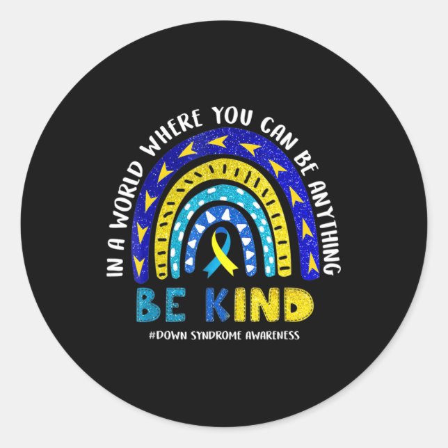 Sticker Rond Down Syndrome Awareness Ribbon Boho Rainbow Yellow (Devant)