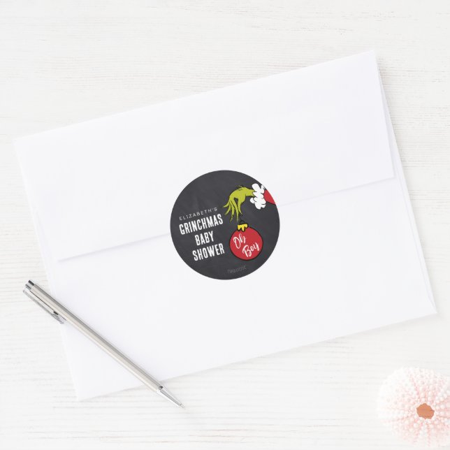 Sticker Rond Dr Seuss | Oh Boy Grinch Baby shower (Enveloppe)