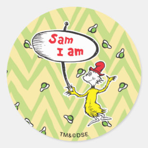 Sticker Rond Dr. Seuss   Sam-I-Am tenant une pancarte