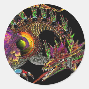 STICKER ROND DRAGO / DRAGON D'IMAGINAIRE EN VIOLET D'OR ET NOIR