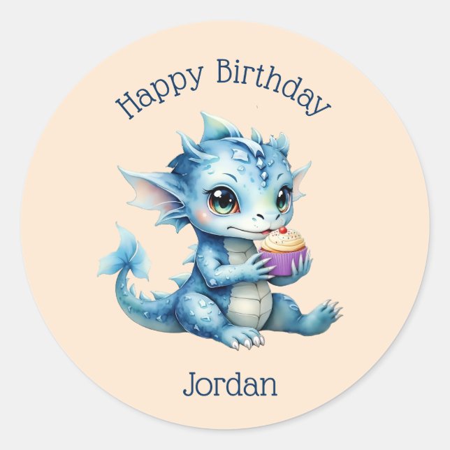 Sticker Rond Dragon Bébé Bleu Mange un Cupcake (Devant)