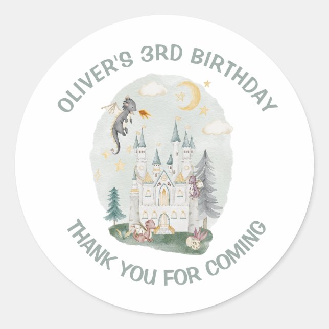 Sticker Rond Dragon château conte de fées enfants anniversaire  (Devant)