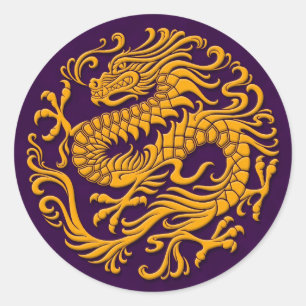 Sticker Rond Dragon chinois jaune et pourpre traditionnel Circl