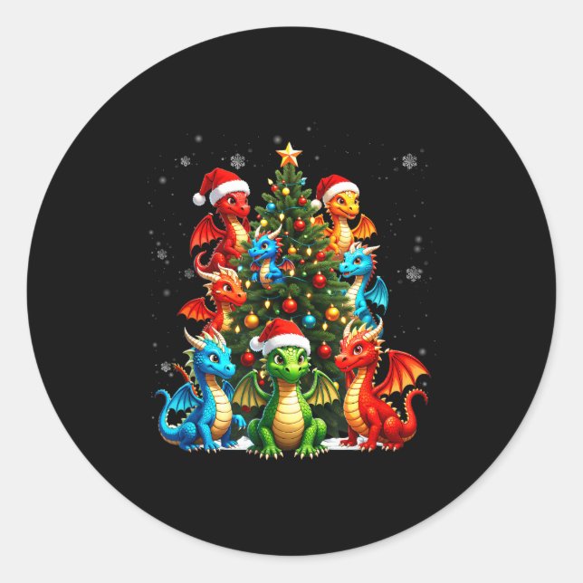 Sticker Rond Dragon Christmas Tree Squad Santa Hat Fantasy Myth (Devant)