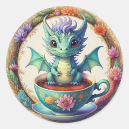 Sticker Rond Dragon de bébé rond dans une théière