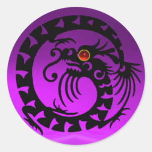 Sticker Rond DRAGON DE NAGE, noir, améthyste pourpre, rubis rou