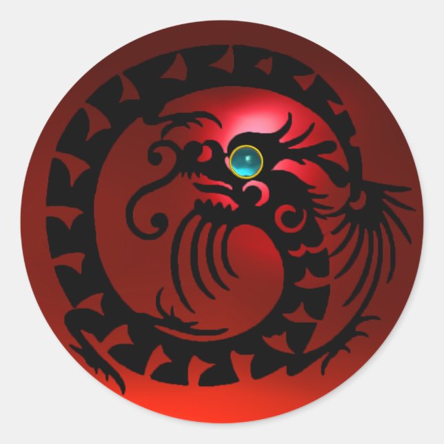Sticker Rond DRAGON DE NAGE, noir, rubis rouge, bleu aquamarine (Devant)
