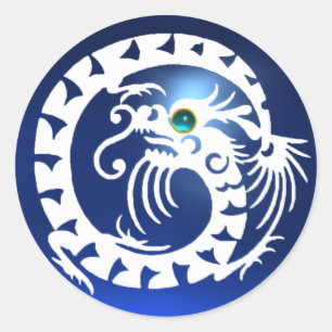 Sticker Rond DRAGON DE NAGE, saphir blanc, bleu aquamarine