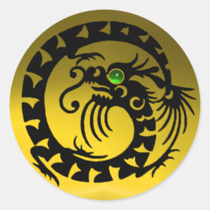 Sticker Rond DRAGON DE NAKE, noir, topaz jaune, émeraude verte
