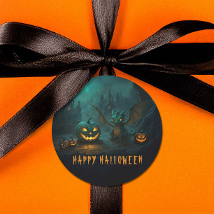 Sticker Rond Dragon d'Halloween mignon avec Citrouilles effraya