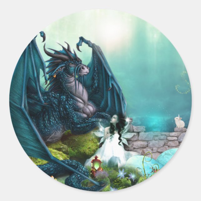 Sticker Rond Dragon d'Imaginaire et Fée (Devant)