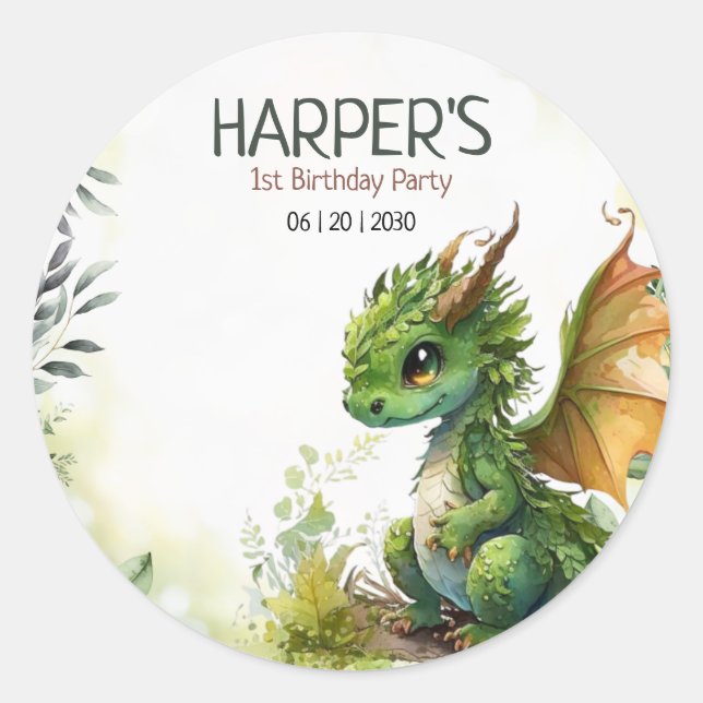 Sticker Rond Dragon Editable 1er Anniversaire Fête, Garçons Ann (Devant)