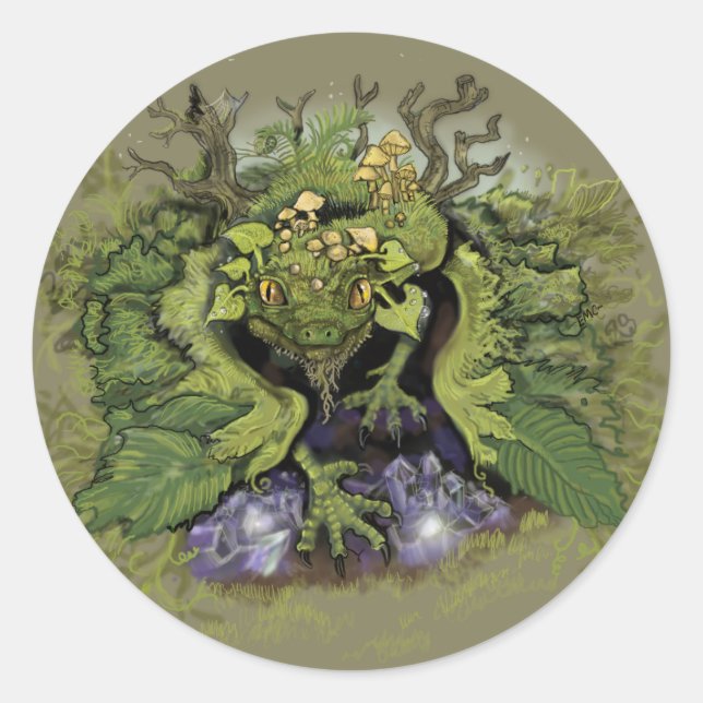 Sticker Rond Dragon magique de la mousse de forêt (Devant)
