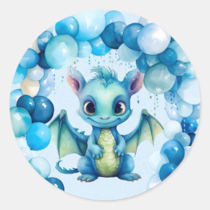 Sticker Rond Dragon mignon avec Ballons Bleus Baby shower garço