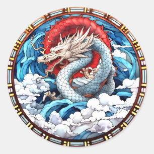 Sticker Rond Dragon mythique asiatique en rouge et bleu