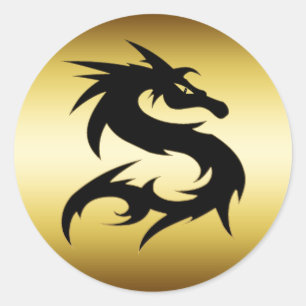 STICKER ROND DRAGON OR ET NOIR