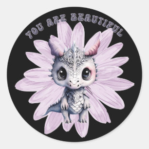 Sticker Rond Dragon Rose Cute Whimsical "You Are Beautity"