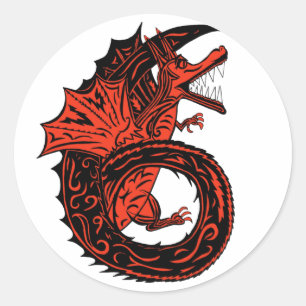Sticker Rond Dragon rouge ailé et noir Numéro 6 Six