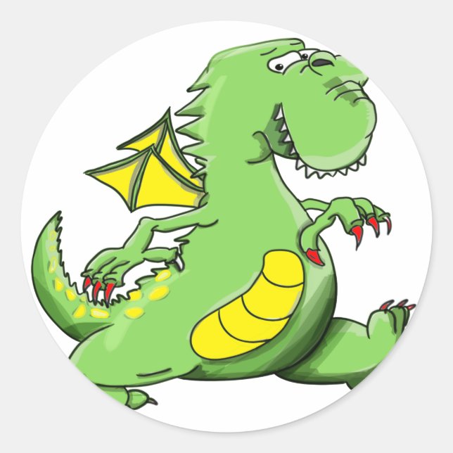 Sticker Rond Dragon vert caricature marchant sur ses pieds (Devant)