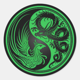 Sticker Rond Dragon vert et noir Phoenix Yin Yang