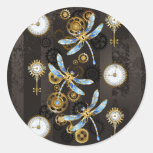 Sticker Rond Dragonflies de Steampunk sur arrière - plan rayé b