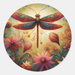 Sticker Rond Dragonfly lunaire Floral Art Abstrait Turquoise ro