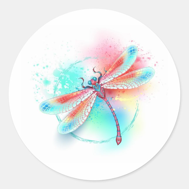 Sticker Rond Dragonfly rouge sur l'arrière - plan aquarelle (Devant)