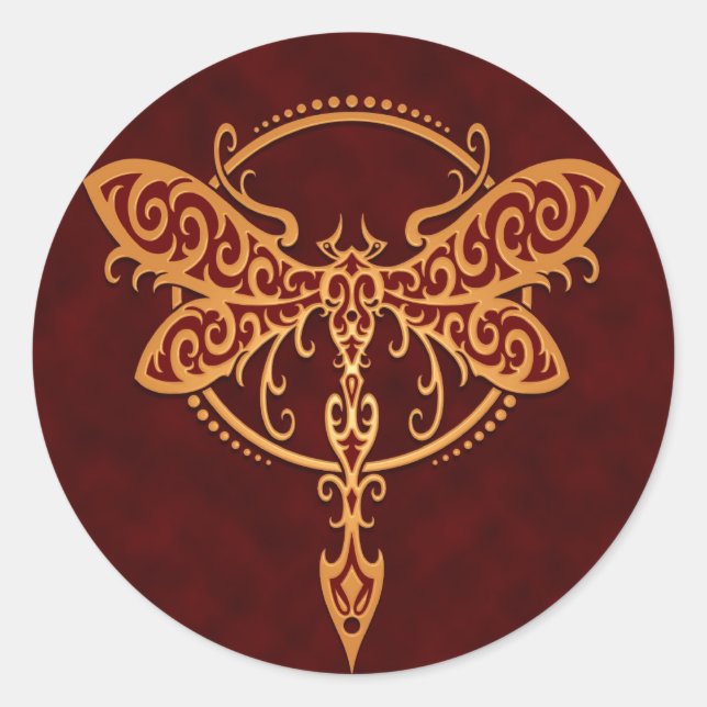 Sticker Rond Dragonfly Tribal, rouge doré (Devant)
