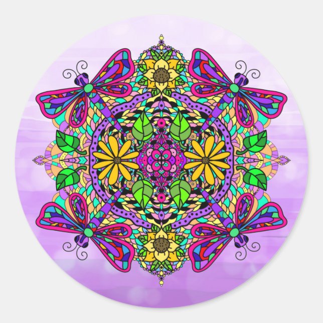 Sticker Rond Dragonfly violette et fleurs Mandala main tiré (Devant)