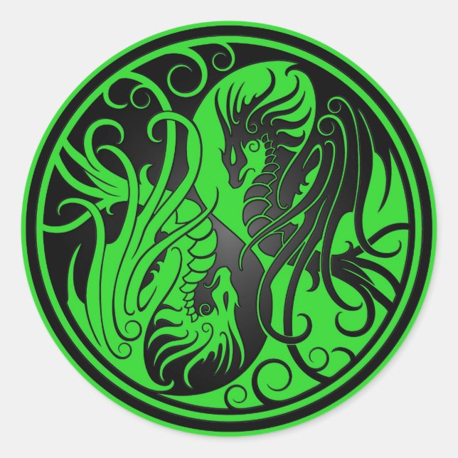 Sticker Rond Dragons Yin Yang - vert et noir (Devant)