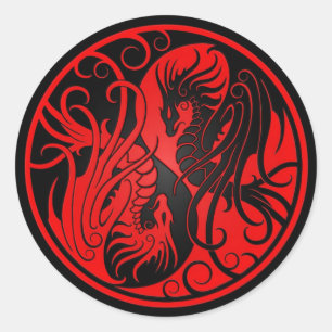 Sticker Rond Dragons Yin Yang volant rouge et noir