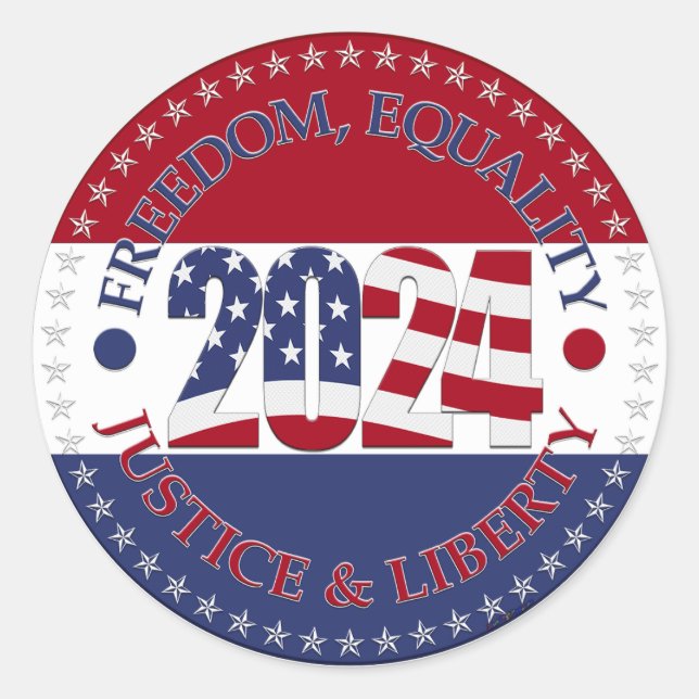 Sticker Rond Drapeau 2024 Freedom, Equality, Justice Liberty US (Devant)