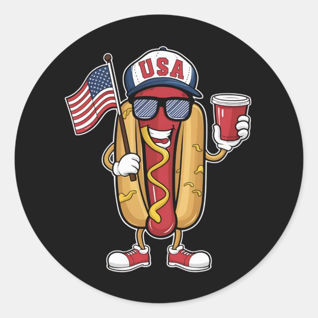 Sticker Rond Drapeau 4 juillet Hotdog Funny Patriotique USA (Devant)