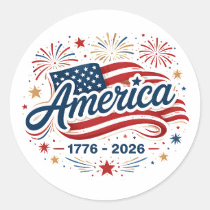 Sticker Rond Drapeau Américain 1776 2026 Feux d'Artifice Étoile