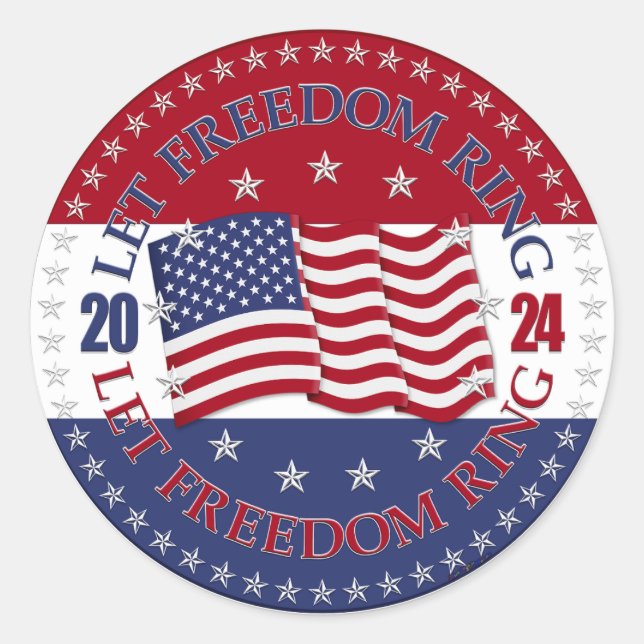 Sticker Rond Drapeau américain 2024, laissez la liberté sonner (Devant)