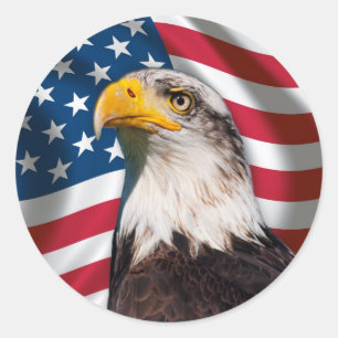Sticker Rond Drapeau américain avec aigle à tête blanche