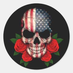 Sticker Rond Drapeau américain avec des roses rouges