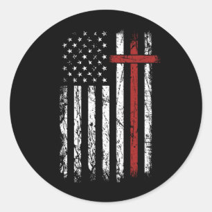 Sticker Rond Drapeau américain Croix de Noël Patriotique Religi
